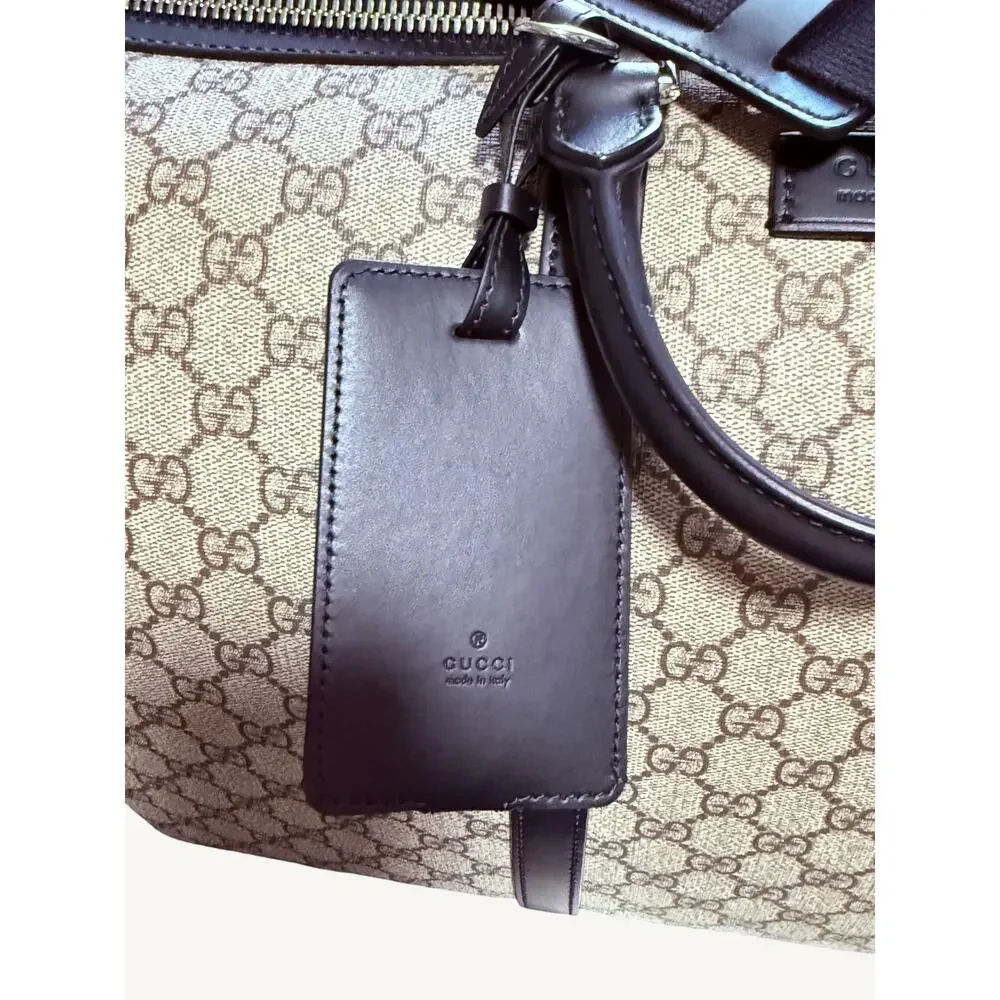 Gucci GG Supreme XL Travel Duffel Bag Beige Ebony Black Leather Full Set New